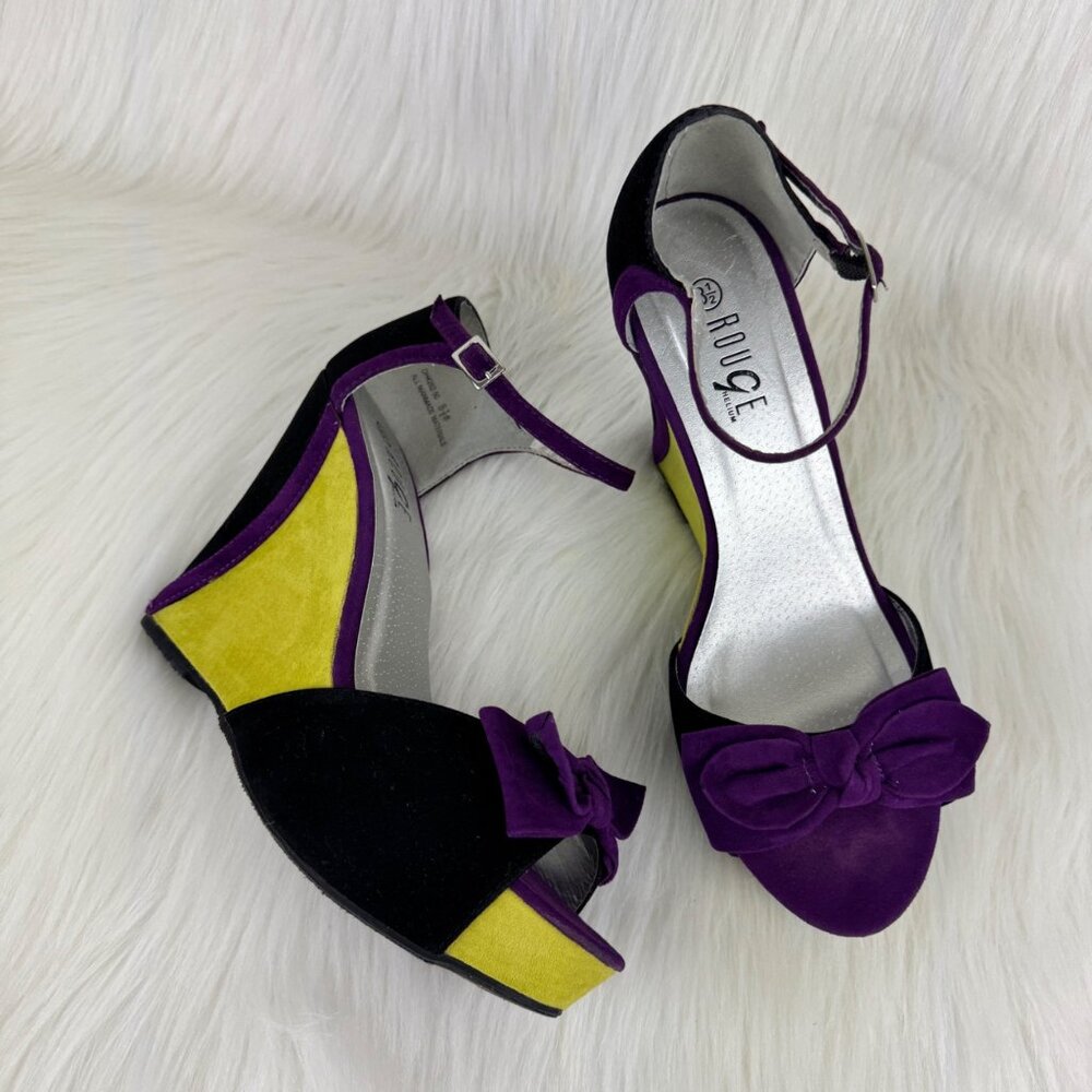 Rouge Helium Platform Wedge Heels Colorblock Bow Accent US 8.5 High Heel
